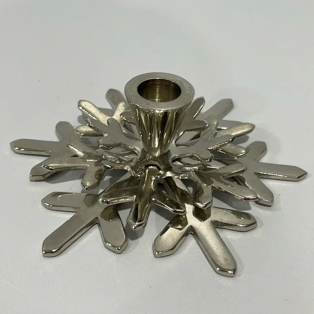 Crate & Barrel Silver Shiny Snowflake Taper Candle Holder